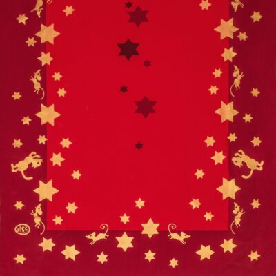 Rød juledug med stjerner og mus og kat